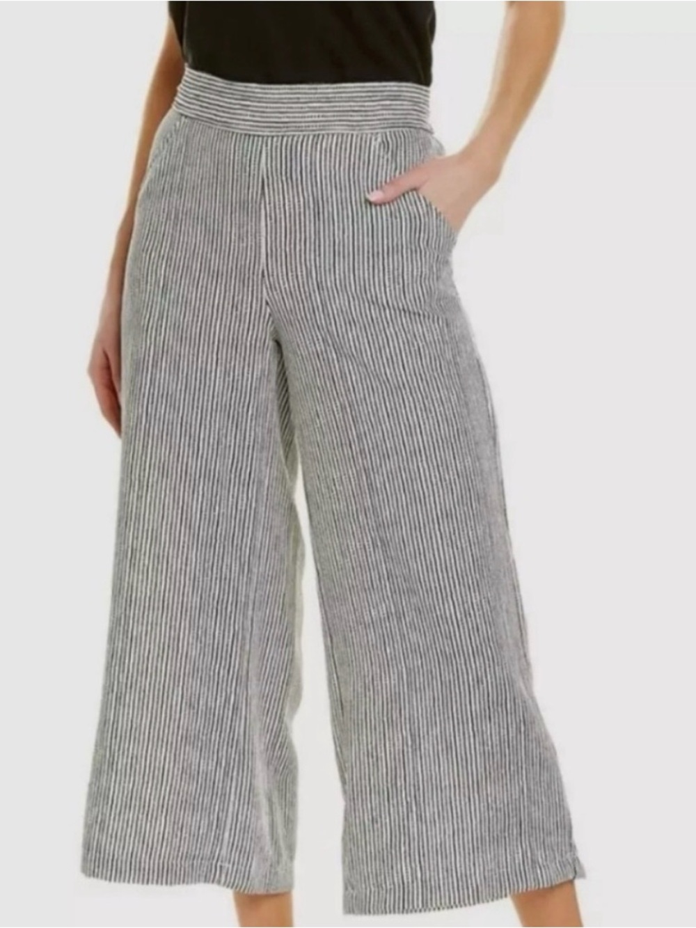 Max Studio Black White Stripe Wide Leg Crepe Pants Size Large Flowy Trousers